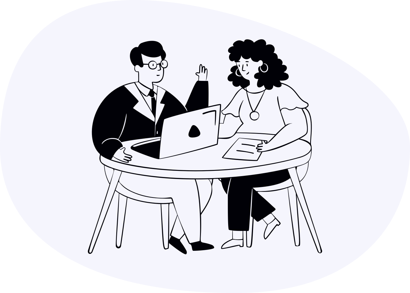 Illustration of a man and woman sat at a desk using a laptop